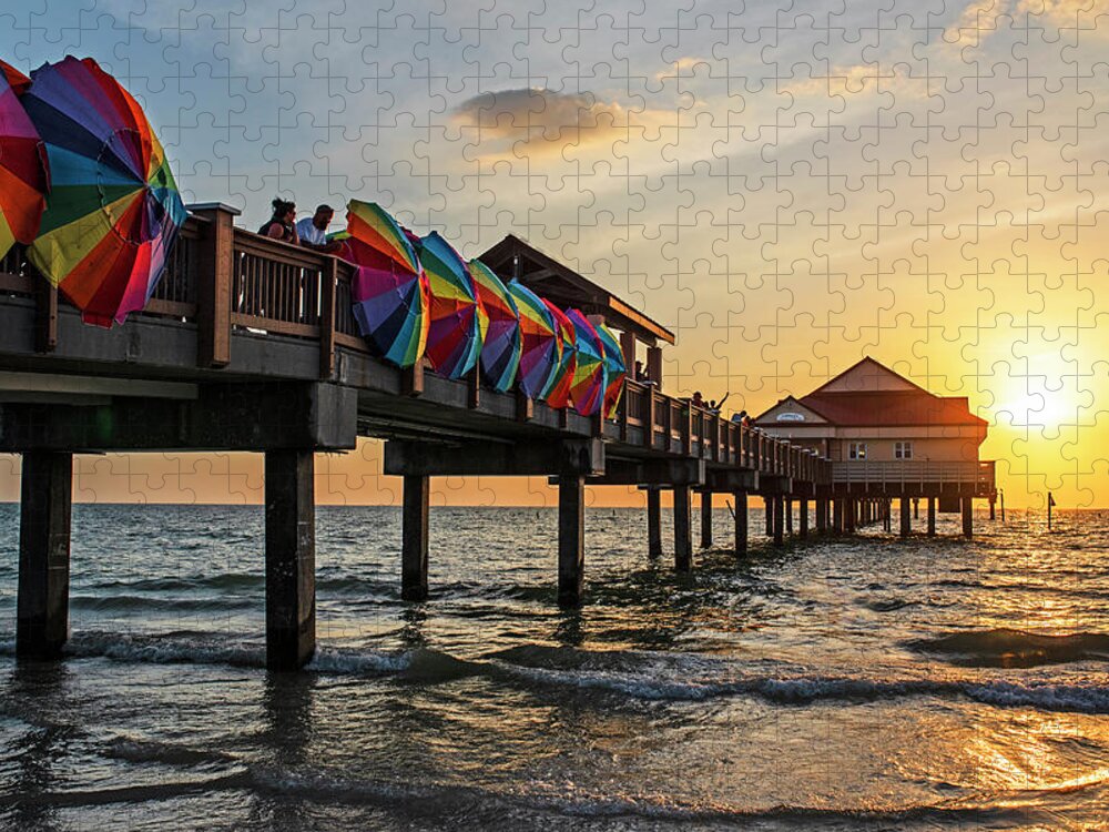 Clearwater Jigsaw Puzzle featuring the photograph The Sunset at the Clearwater Beach Pier Clearwater Florida Beach Umbrellas by Toby McGuire