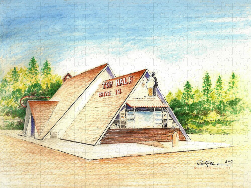 Top Half Cafe Restaurant Diner Kountze Texas A-frame Ice Cream Jigsaw Puzzle featuring the drawing The Top Half Cafe by Randy Welborn