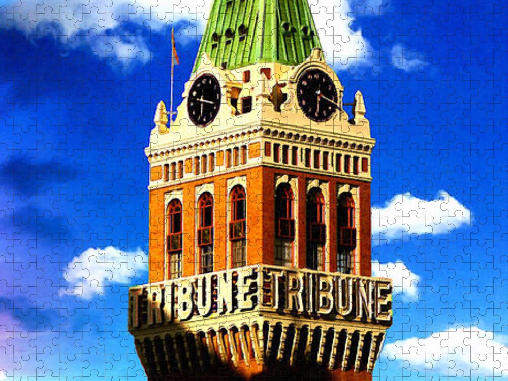 Tribune Tower Jigsaw Puzzle featuring the digital art The Tribune Tower in Oakland, in a transition from night to day by Nicko Prints