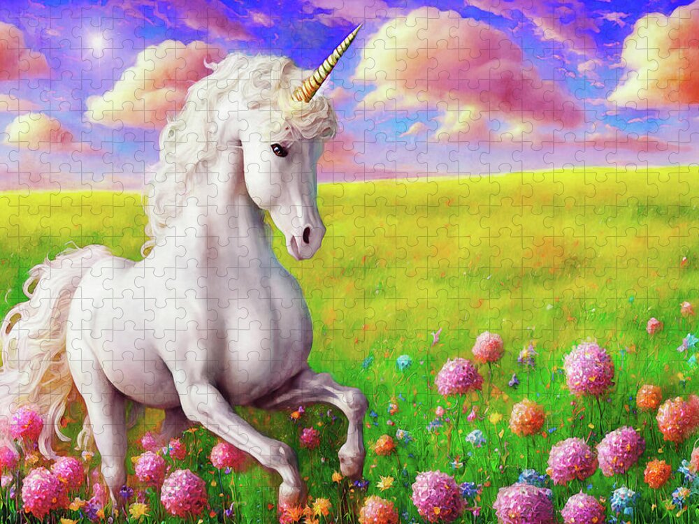 Unicorns Jigsaw Puzzle featuring the digital art The Unicorn by Peggy Collins