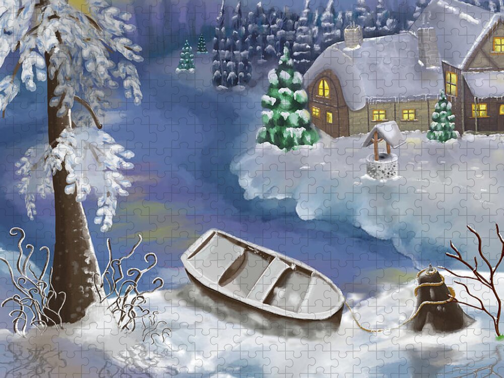 Winter Jigsaw Puzzle featuring the digital art The Winter Lake by Rose Lewis