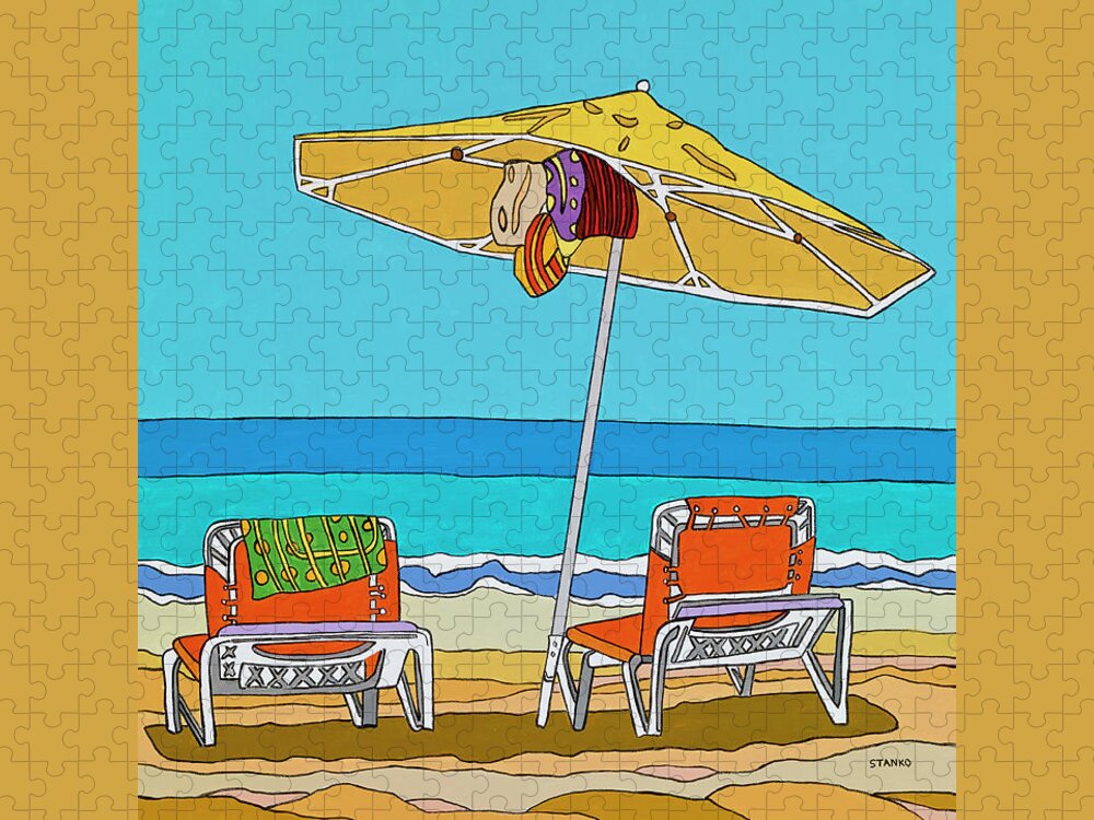 Beach Chairs Sand Ocean Water Summer Umbrella Jigsaw Puzzle featuring the painting The yellow umbrella by Mike Stanko