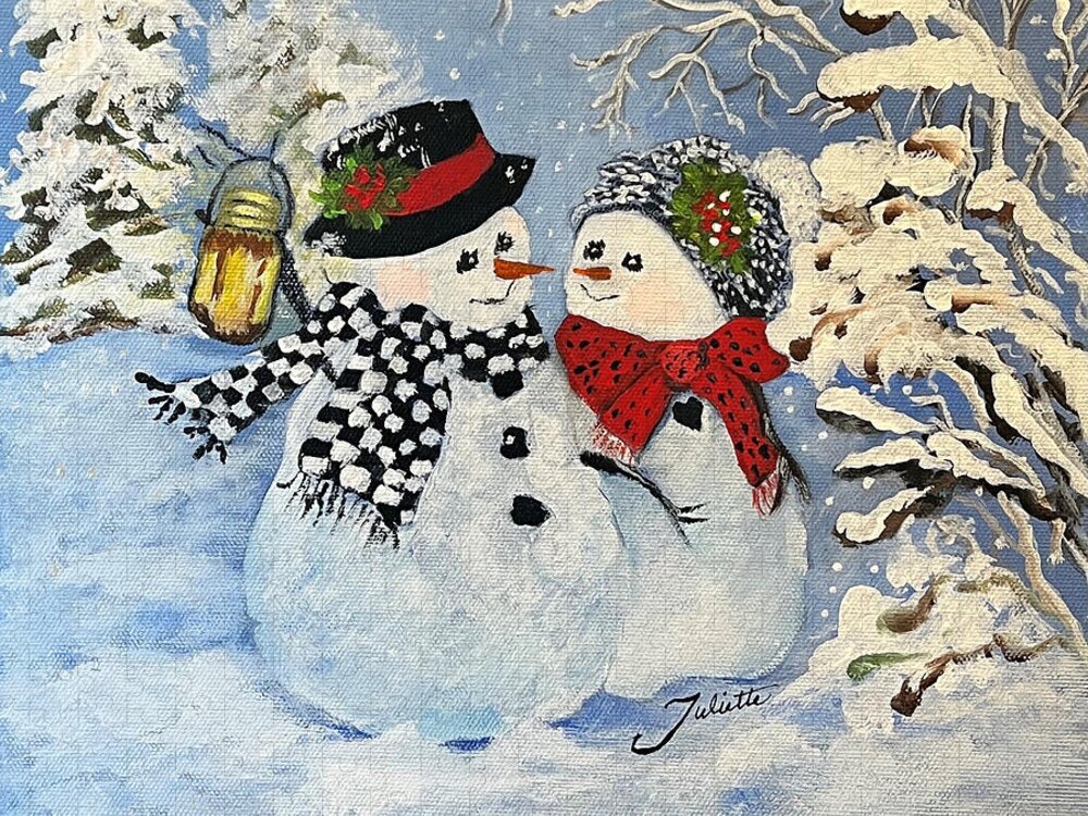 Snowman Jigsaw Puzzle featuring the painting This is a Fine Snowmance by Juliette Becker