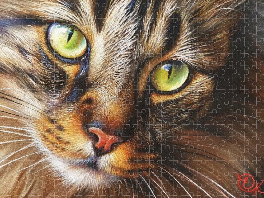 Cat Jigsaw Puzzle featuring the painting Thoughtful by Elena Kolotusha