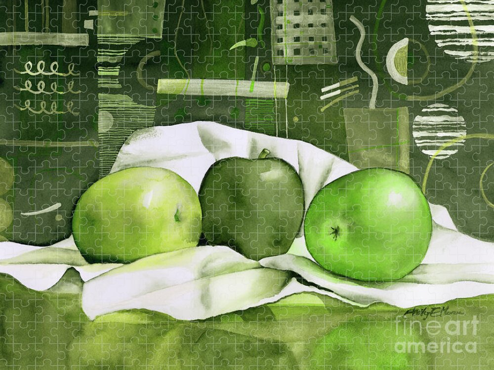 Green Jigsaw Puzzle featuring the painting Three Apples-Green by Hailey E Herrera