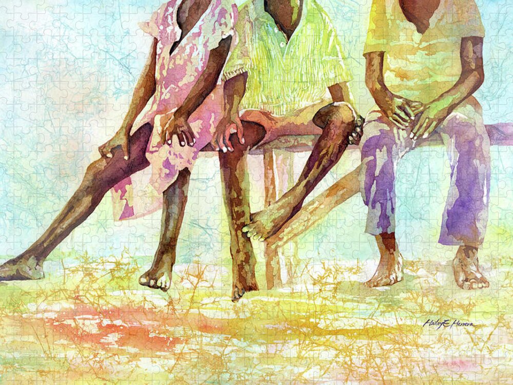 Chilren Jigsaw Puzzle featuring the painting Three Children of Ghana-pastel colors by Hailey E Herrera