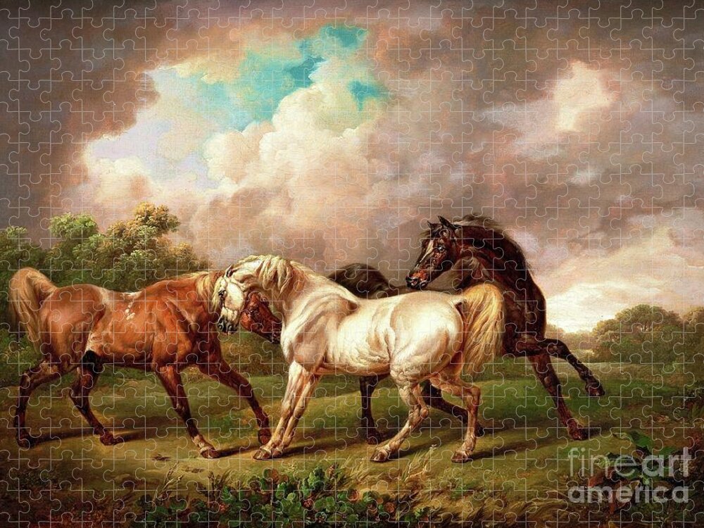 Painting Jigsaw Puzzle featuring the painting Three Horses in a Stormy Landscape by The James Roney Collection
