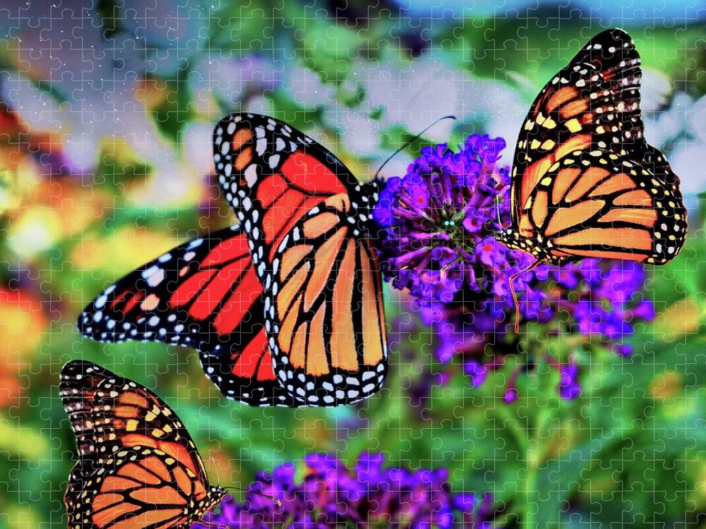 Butterfly Jigsaw Puzzle featuring the digital art Three Monarchs by Norman Brule