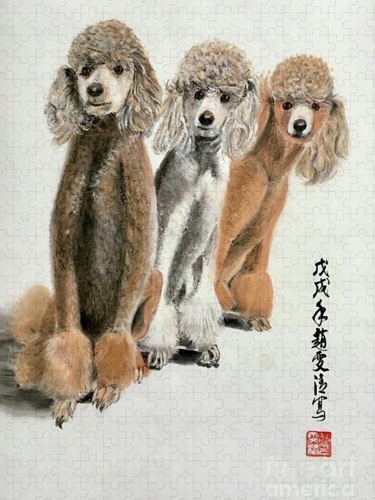 Puppy Poodle Portraits Jigsaw Puzzle featuring the painting Three Poodle Dog by Carmen Lam