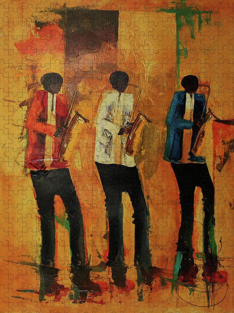  Jigsaw Puzzle featuring the painting Three Saxo's In Time by Ndabuko Ntuli