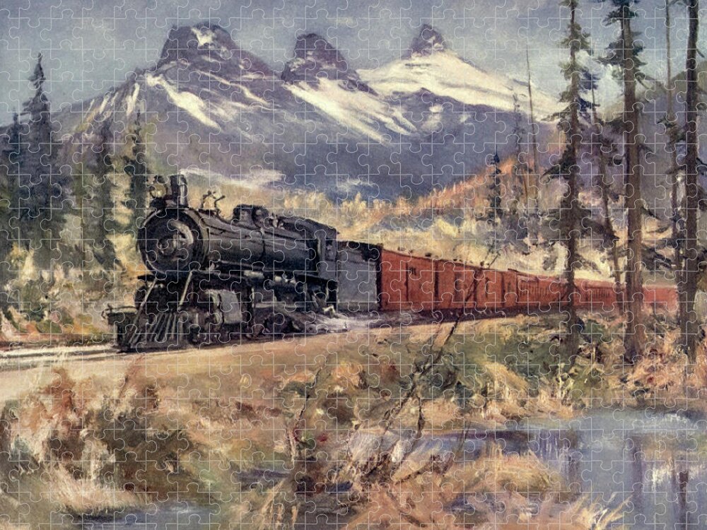 Train Jigsaw Puzzle featuring the painting Three Sisters, Rockies by Canadian Pacific Railway