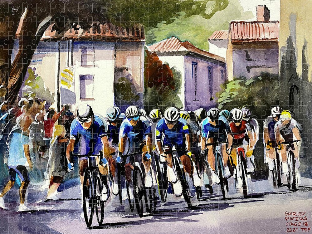 Le Tour De France Jigsaw Puzzle featuring the painting Through the Town Stage 13 TDF2021 by Shirley Peters