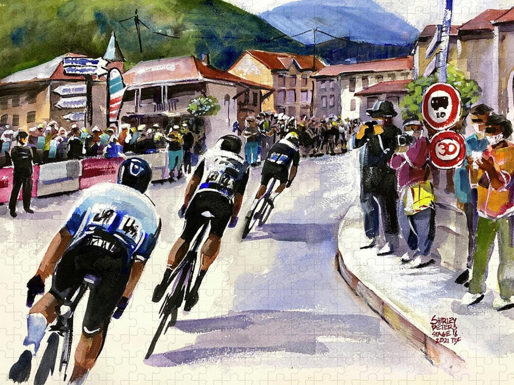 Le Tour De France Jigsaw Puzzle featuring the painting Through the Town Stage 16 TDF2021 by Shirley Peters