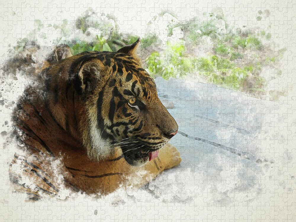Tiger Jigsaw Puzzle featuring the digital art Tiger Portrait with Textures by Alison Frank