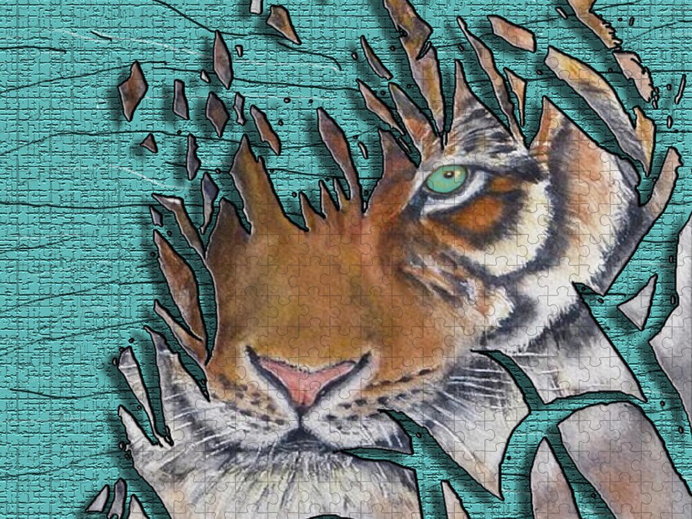 Lurking Tiger Jigsaw Puzzle featuring the mixed media Tiger's Gone to Pieces No.2 by Kelly Mills
