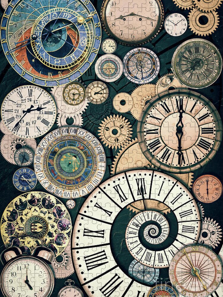 Clocks Jigsaw Puzzle featuring the photograph Time machine, vintage clocks and gears collection by Delphimages Photo Creations