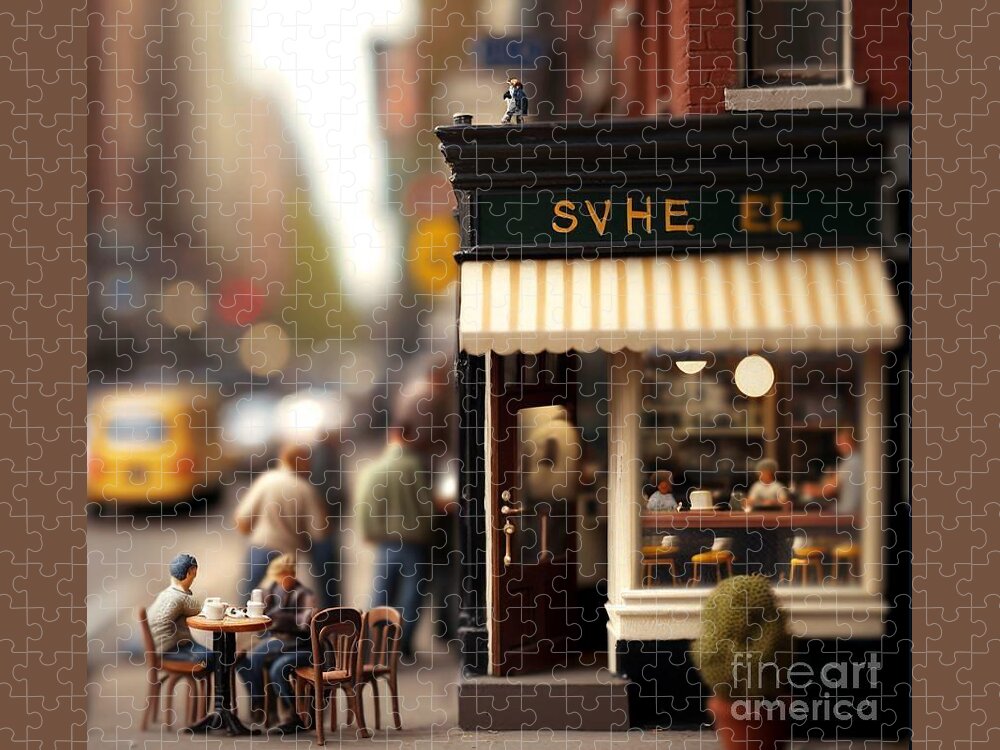  Jigsaw Puzzle featuring the mixed media Tiny City Coffee by Jay Schankman