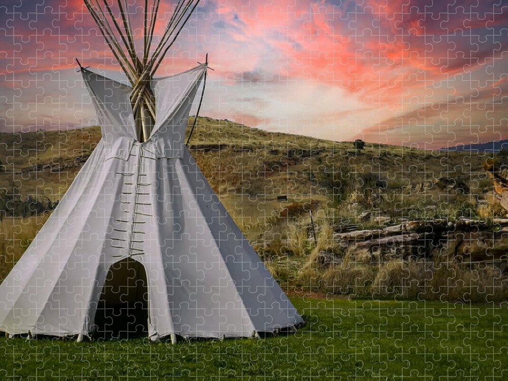 Native Temporary Housing Jigsaw Puzzle featuring the photograph Tipi at Sunset by Laura Putman