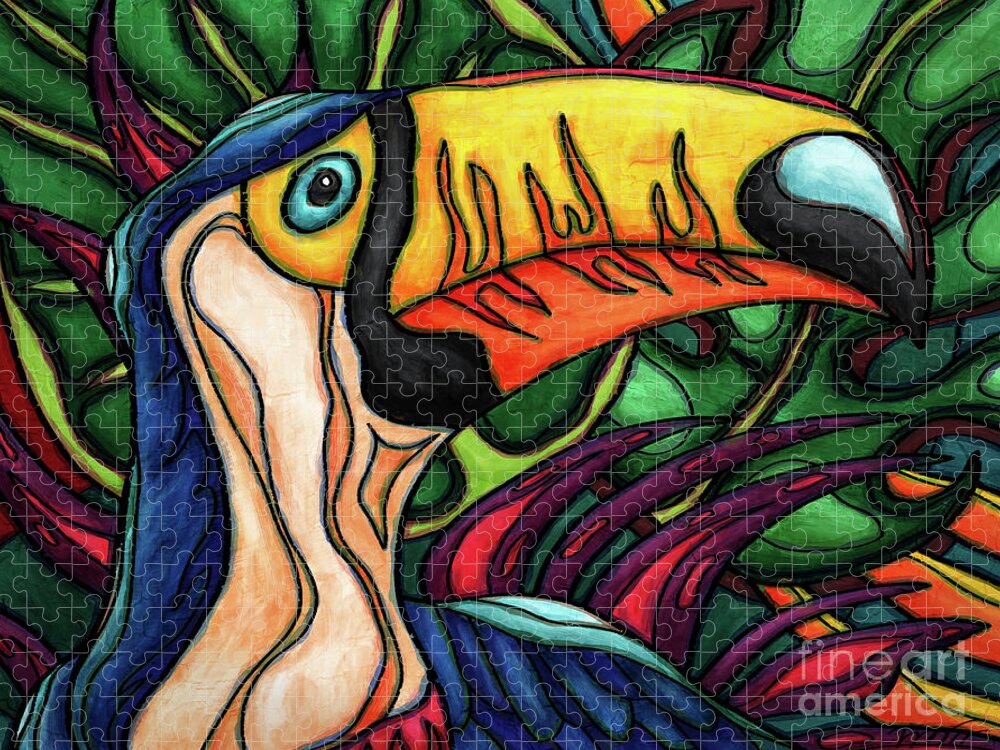 Toco Toucan Jigsaw Puzzle featuring the painting Toco toucan in colorful jungle, toucan bird by Nadia CHEVREL