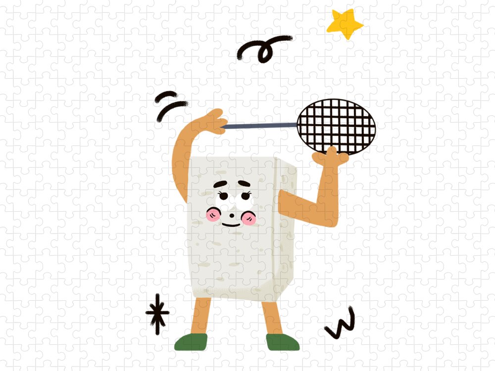 Tofu，bean Curd Jigsaw Puzzle featuring the drawing Tofu loves playing badminton by Min Fen Zhu
