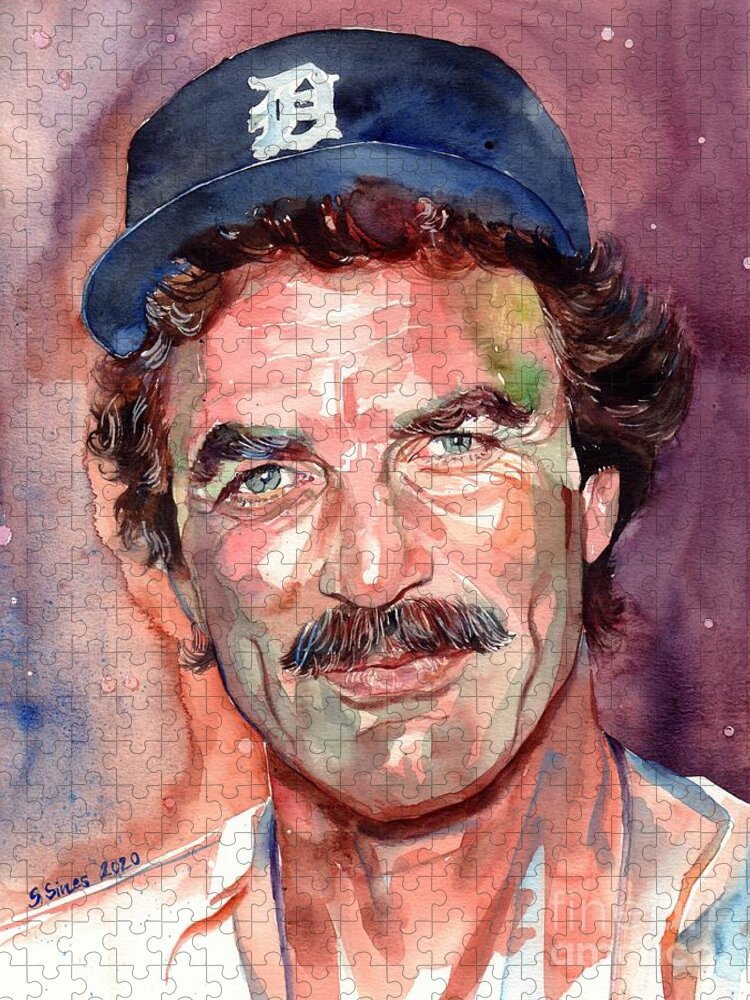 Tom Selleck Jigsaw Puzzle featuring the painting Tom Selleck Portrait by Suzann Sines