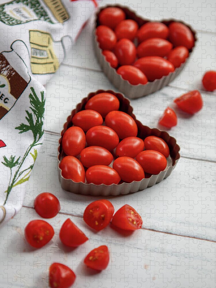 Tomatoes Jigsaw Puzzle featuring the photograph Tomatoes in Heart Tins #2 by Rebecca Cozart