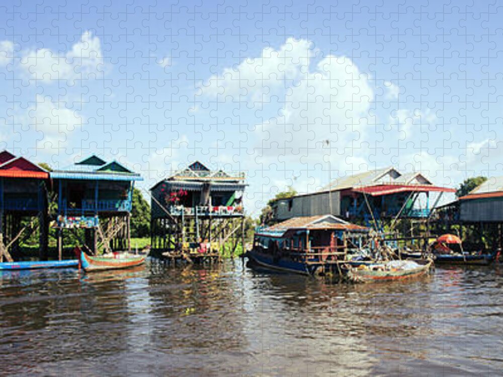 Panoramic Jigsaw Puzzle featuring the photograph Tonlesap lake cambodia floating village by Sonny Ryse