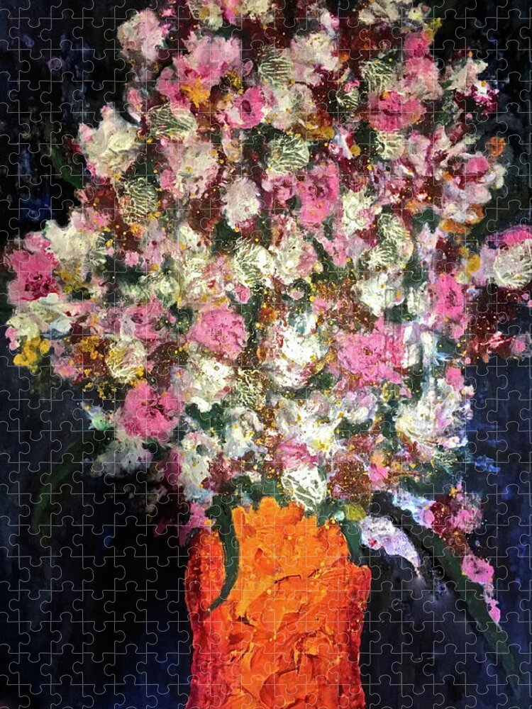 Vase Jigsaw Puzzle featuring the painting Too Many Flowers for One Vase by Janice Nabors Raiteri