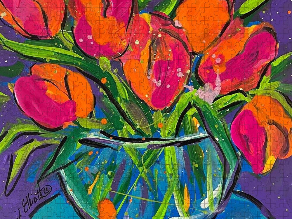 Tulips Jigsaw Puzzle featuring the painting Too True Tulips by Elaine Elliott