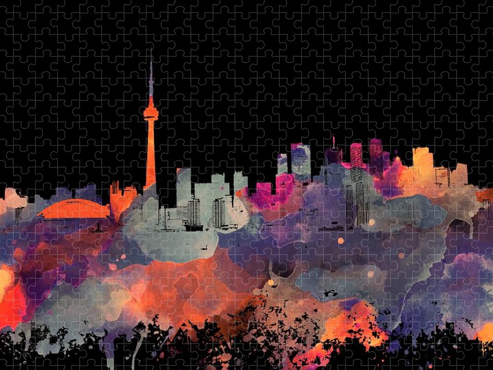 Toronto Jigsaw Puzzle featuring the mixed media Toronto Ontario Canada black skyline Design 251 by Lucie Dumas