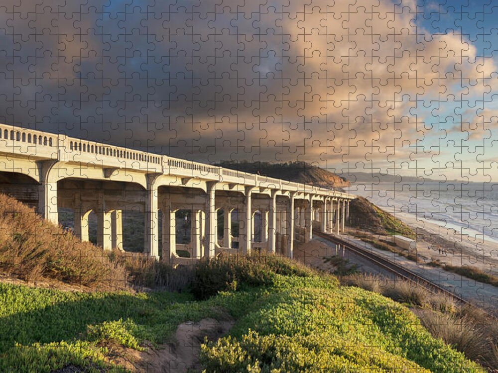 San Diego Jigsaw Puzzle featuring the photograph Torrey Pines Bridge Colorful Clouds by William Dunigan