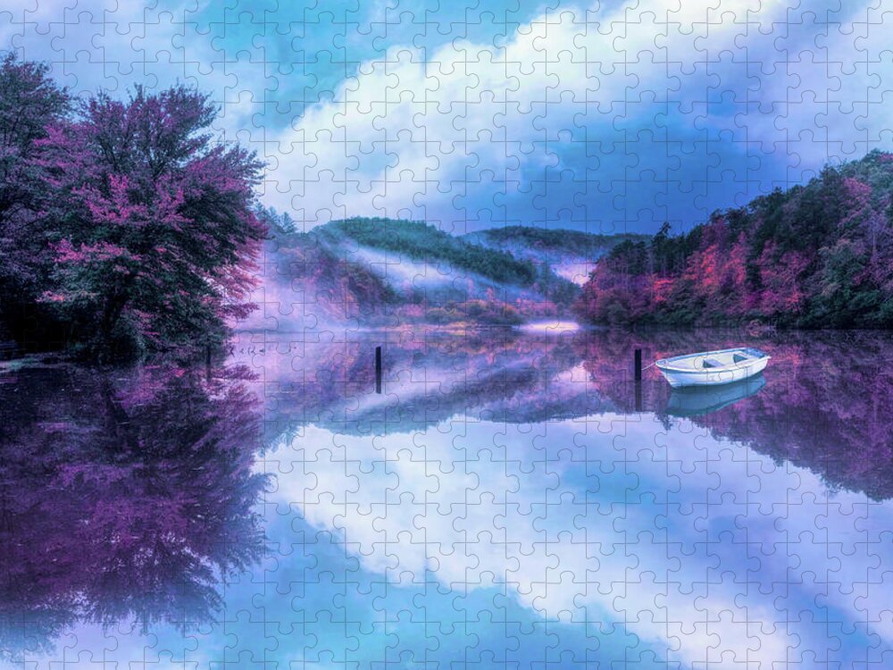 Carolina Jigsaw Puzzle featuring the photograph Touch of Fog on the Lake at Nightfall by Debra and Dave Vanderlaan
