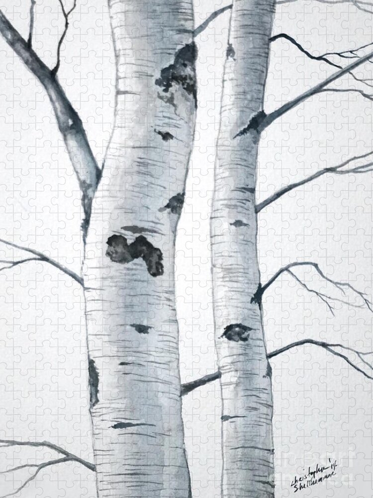 Birch Jigsaw Puzzle featuring the painting Two Birch Trees by Christopher Shellhammer