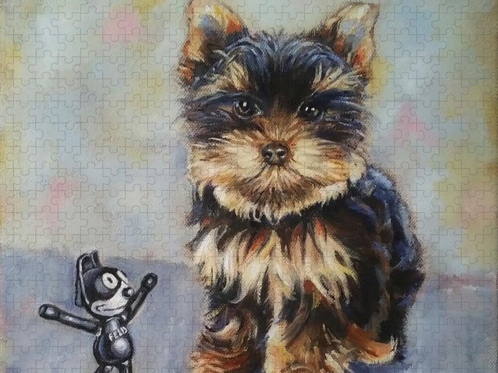 Yorkie Jigsaw Puzzle featuring the painting Toy VS Toy by Jean Cormier