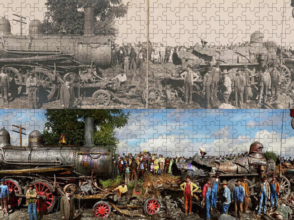 Train Jigsaw Puzzle featuring the photograph Train - Accident - Meeting head to head 1909 - Side by Side by Mike Savad