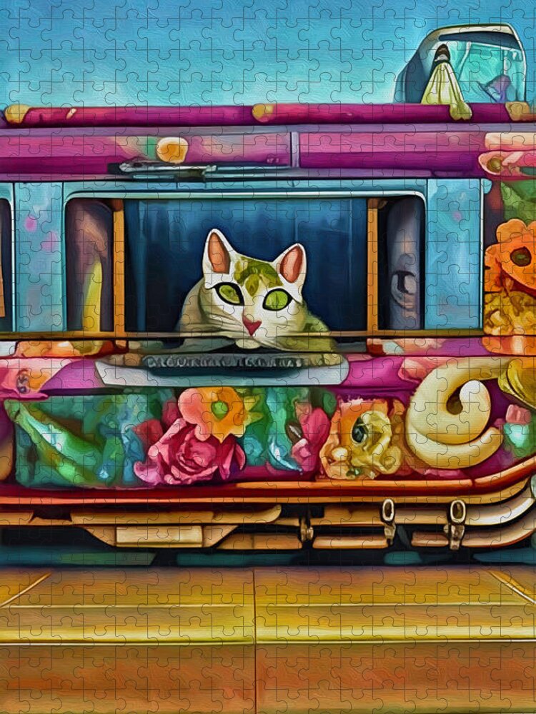 Cute Cat Jigsaw Puzzle featuring the mixed media Train Lover Cat by Ann Leech