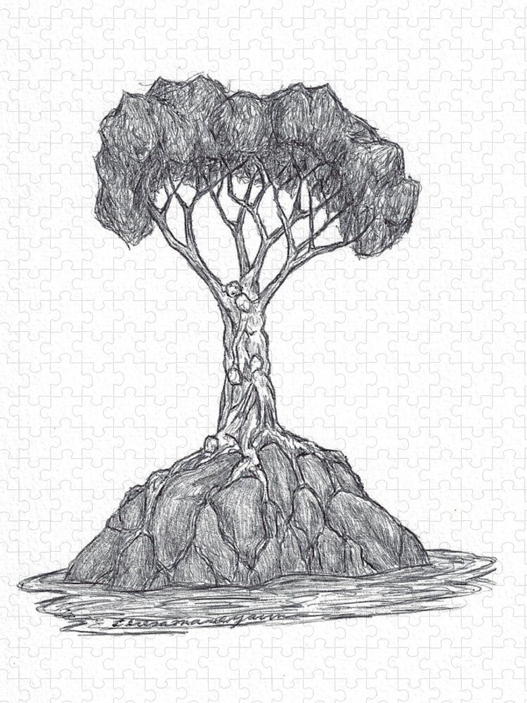 Tree Jigsaw Puzzle featuring the drawing Tree of Life Grasping Rock by Teresamarie Yawn