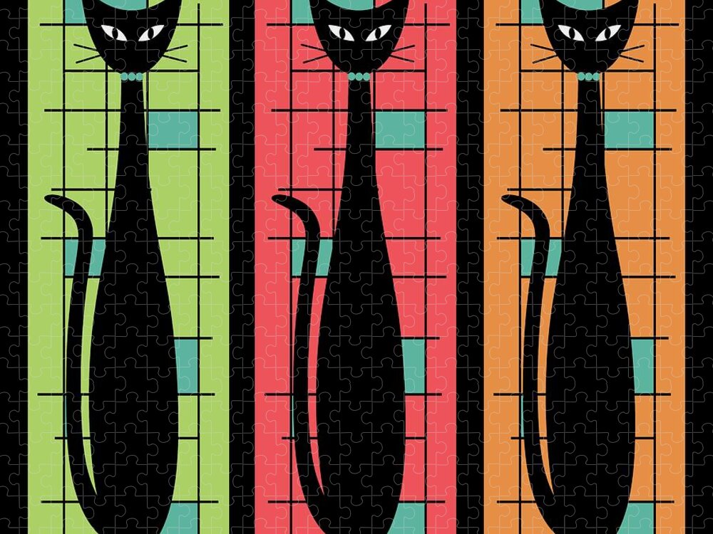 Mid Century Modern Jigsaw Puzzle featuring the digital art Trio of Cats Green, Salmon and Orange on Black by Donna Mibus