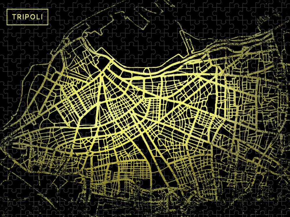 Map Jigsaw Puzzle featuring the digital art Tripoli Map in Gold and Black by Sambel Pedes