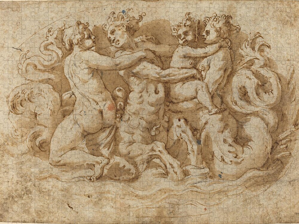 Attributed To Pellegrino Tibaldi Jigsaw Puzzle featuring the drawing Tritons and Nymphs by Attributed to Pellegrino Tibaldi