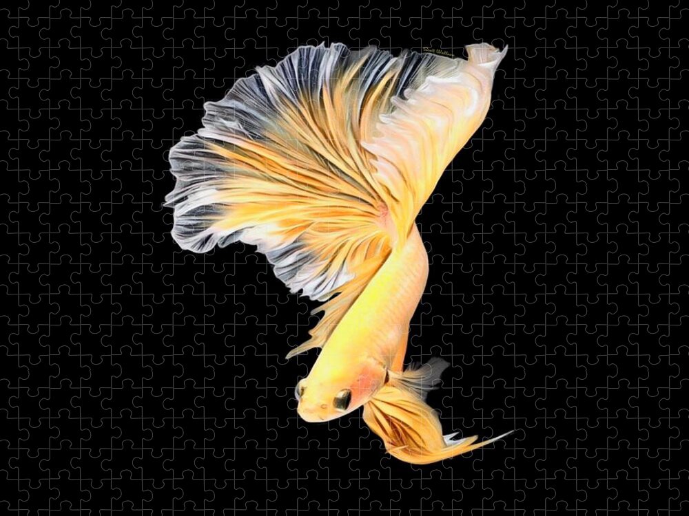 Tropical Yellow Betta Fish On Black Background Jigsaw Puzzle by