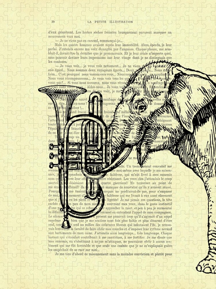 Elephant Jigsaw Puzzle featuring the digital art Trumpet player elephant in black and white by Madame Memento