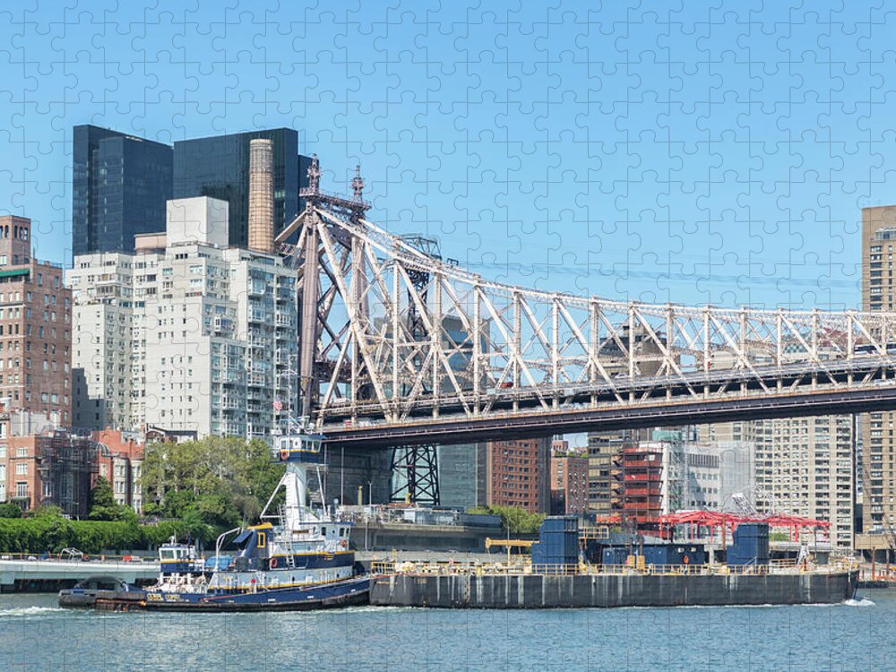 East River Jigsaw Puzzle featuring the photograph Tug and Barge Under Bridge by Cate Franklyn