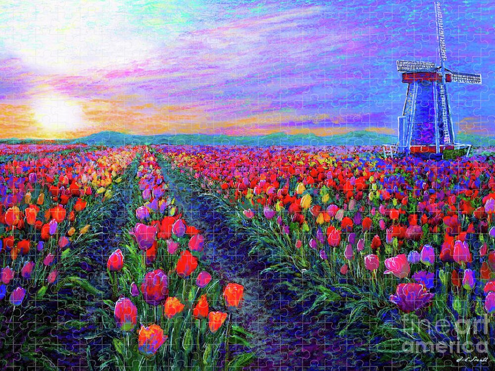 Landscape Jigsaw Puzzle featuring the painting Tulip Fields, What Dreams May Come by Jane Small