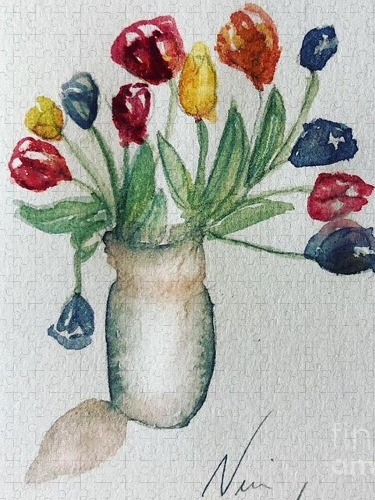 Tulips Watercolour Flowers Tulip Vase Jigsaw Puzzle featuring the painting Tulipes by Nina Jatania