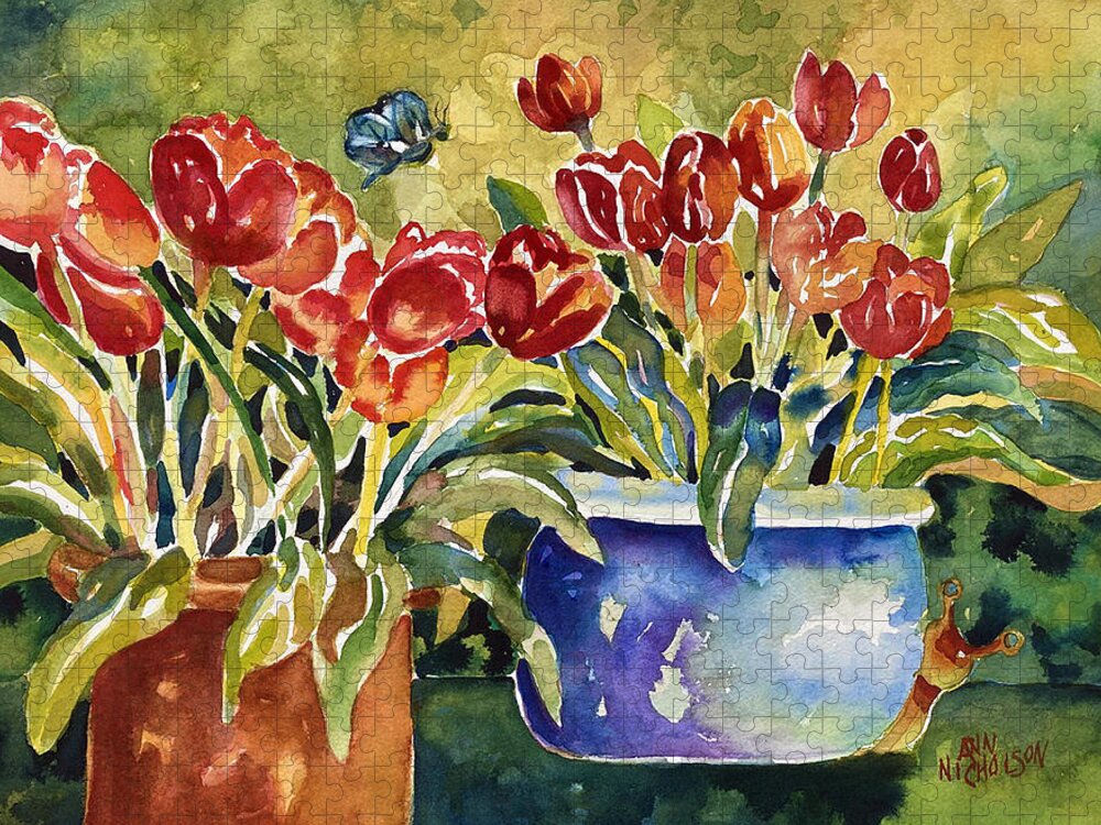 Red Tulips Jigsaw Puzzle featuring the painting Tulips in Pots by Ann Nicholson