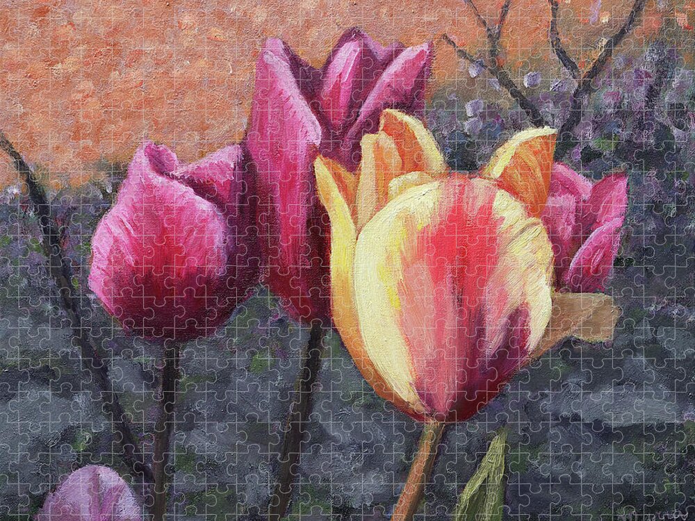 Tulip Jigsaw Puzzle featuring the painting Tulips in the Garden by Maria Meester