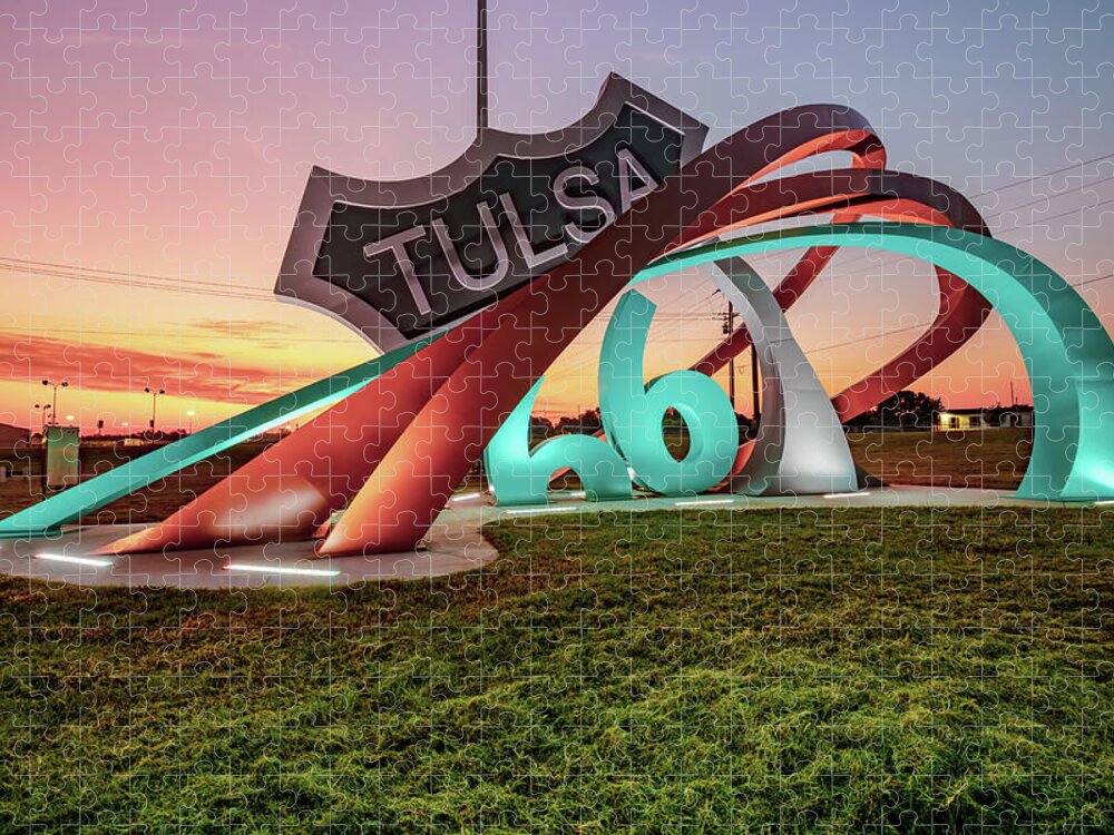 Tulsa Oklahoma Jigsaw Puzzle featuring the photograph Tulsa Rt 66 Rising Out of Mingo Rd Circle - Oklahoma Sunrise by Gregory Ballos