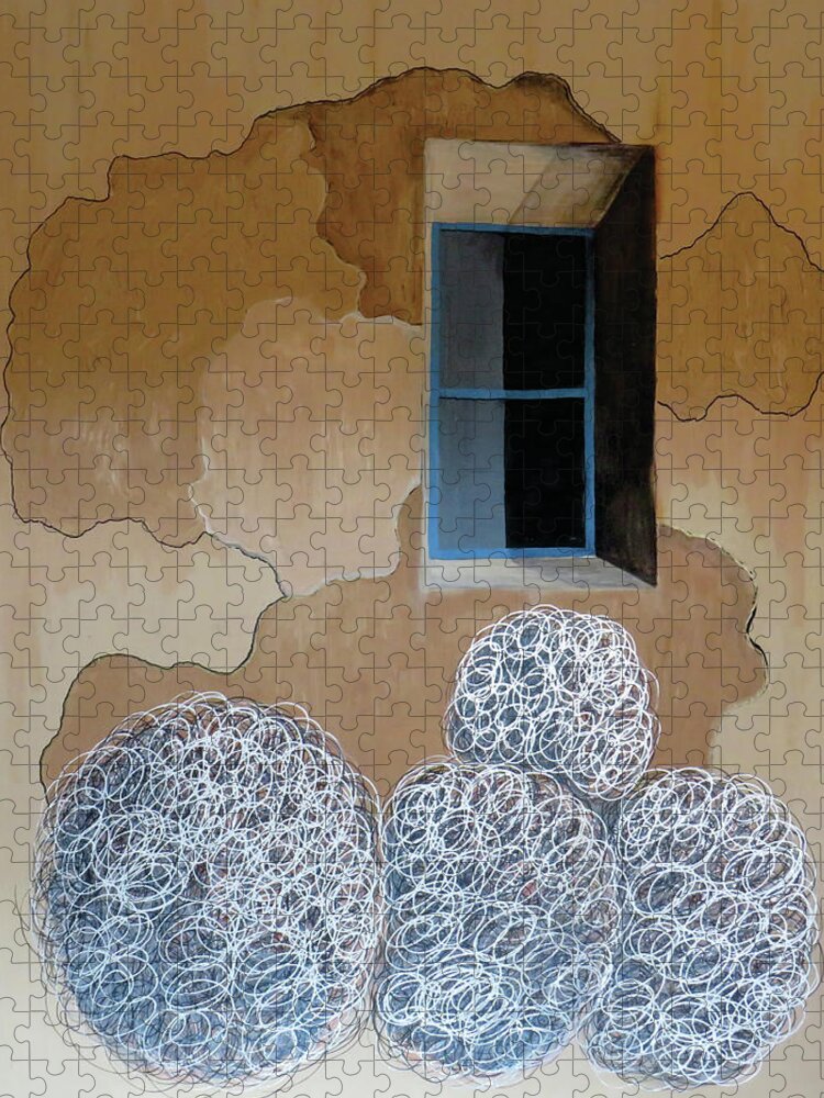 Southwest Jigsaw Puzzle featuring the painting Tumbleweeds at window by Ted Clifton