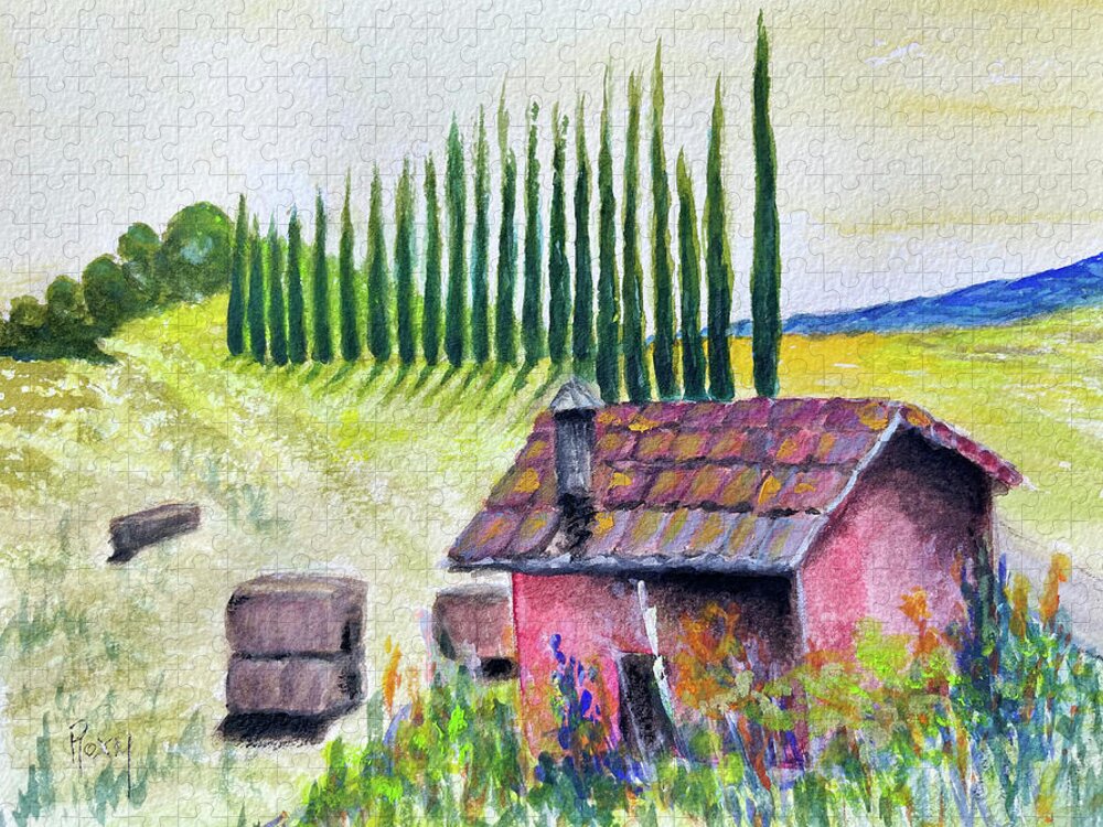 Tuscan Jigsaw Puzzle featuring the painting Tuscan Hay Field by Roxy Rich